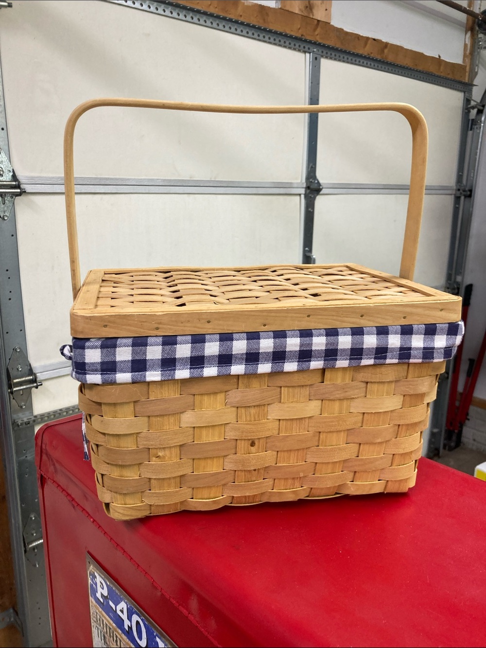 Woven Picnic Basket with Navy Gingham Trim